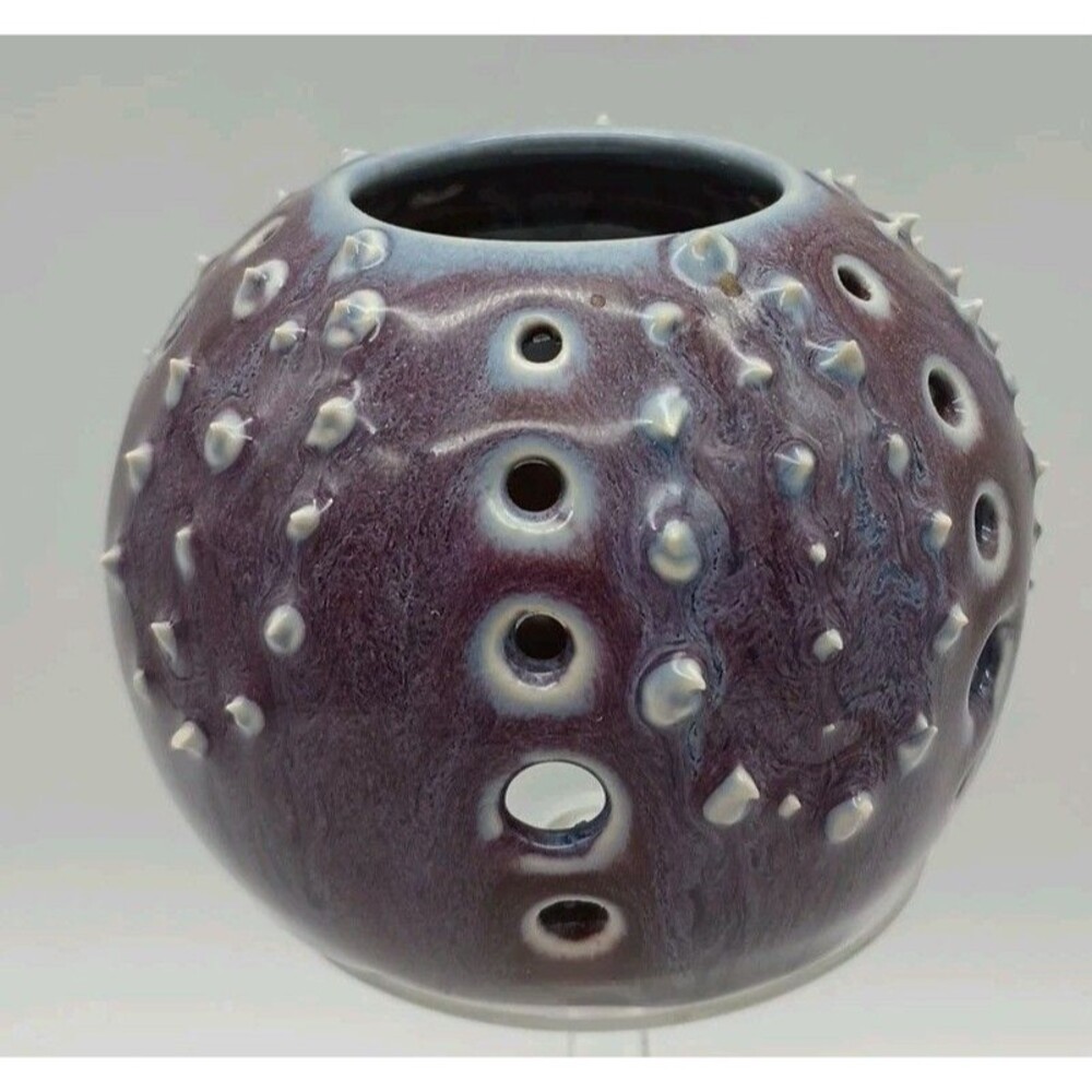 Sea Urchin Ceramic Candleholder Tea Light Purple Blue Pierced Decor